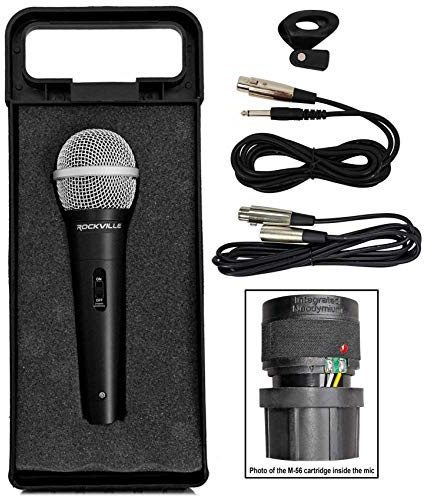 Rockville RMC-XLR Wired Dynamic Microphone, Full Metal Body, M-56 Cartridge, (2) 10 Ft OFC Cables, Mic Clip & Case, for DJs, Karaoke, and Live Performances