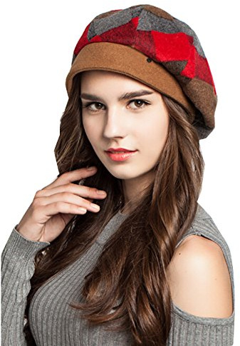 Km Women Autumn Fashion Fleece Tartan Baret Cap Painter Cap Octagonal Cap (Red)