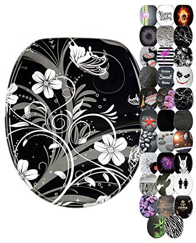 Sanilo Abattant WC, Grande sélection de lunettes de toilette noirs, Finition de haute qualité, Charnières robustes, Fixation facile (Fleur blanche)