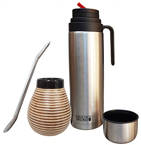 Gaucho Bruno Yerba Mate Cup, Straw, Flask Set - Ceramic Gourd Mug, Stainless Steel Bombilla Drinking Straws and 1 Litre Flask with Red Pouring Spout - Reusable Home and Travel Drinks Kit - Brown