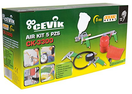 Cevik CA-CK3300 - Kit aerográfico para compresor. 5 piezas: pistola de pintar, de petrolear, soplador, inflador y espiral 5 mt.