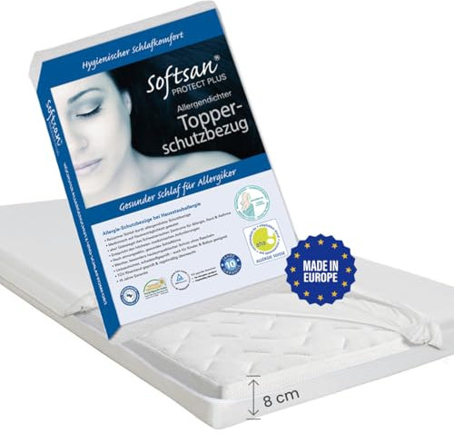 Softsan Protect Plus Matratzenbezug für Topper milbendicht 90x200x8 cm, Höhe 8 cm, Encasing, Milbenschutz für Hausstauballergiker milbenkotdicht