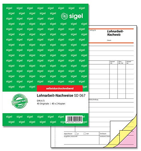 SIGEL SD067 Lohnarbeits-Nachweis A5, 3x40 Blatt, selbstdurchschreibend, mikroperforiert, mit Abheftlochung, aus nachhaltigem Papier