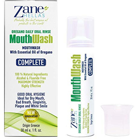 Zane Hellas MouthWash.Enjuague bucal con aceite de orégano.Ideal para la gingivitis, la placa, la boca seca y el mal aliento.Libre de alcohol y flúor. Solución 100% Herbal.1fl.oz-30 m