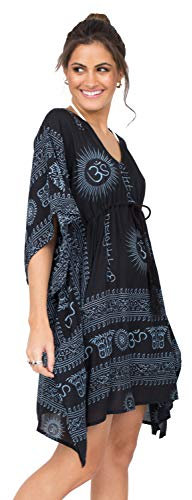 likemary Pareos & Strandkleider - Strandtunika als ideale Ergänzung zur Bademode - sylischer Strandponcho - kurze Kaftan-Tunika eignet sich perfekt für den Urlaub und als Loungewear - Om Schwarz