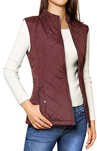 Allegra K Damen Slim Fit Stehkragen Leichte Weste Saint Reißverschluss Steppweste Weinrot XS