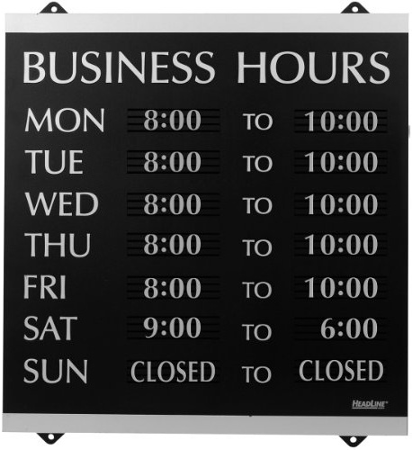 Headline Sign - Century Series, letrero de horario comercial con personajes de 176 1/4 pulgadas, ventosas para colgar, 14 x 13 pulgadas, negro y plateado (4247)