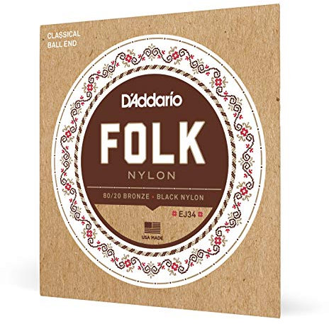D'Addario Gitarrensaiten Konzertgitarre | Akustikgitarre | Akustik Gitarre Saiten | Classical Guitar Strings | EJ34 Satz Folk Nylonsaiten mit Ball End für Konzert oder Akustikgitarre