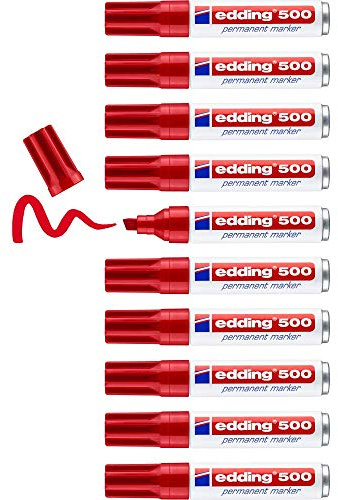 Edding E-500 – Set di 10 pennarelli indelebili con punta a scalpello, 2 A 7 mm rosso