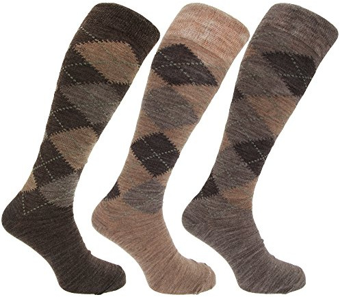 3x Pairs of Mens Long Length Lambswool Blend Argyle Design Socks/UK 6-11 Eur 39-45
