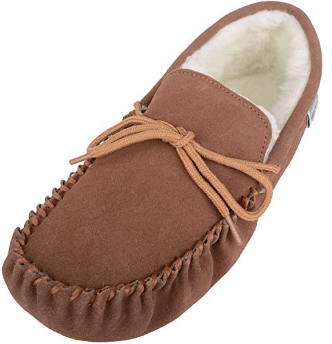 SNUGRUGS Men's Alfie Wool Lined Suede Sole Moccasin Slipper, Light Brown, 12 US