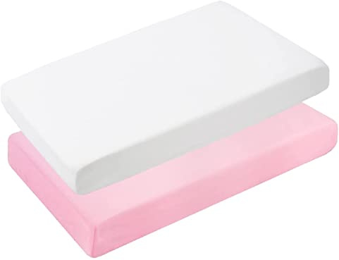Dudu N Girlie Travel Cot Jersey Cotton Sheets (Pack of 2), 95x65cm - T-Shirt Soft 4-Way Stretch, Snug Fit Breathable Mattress Cover - Pink & White