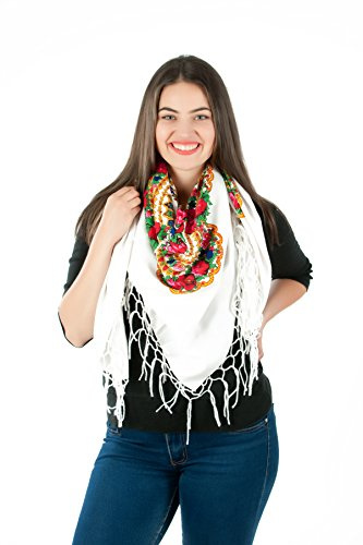 Grand foulard de style châle avec doux motif folklorique slave pour l'hiver 2016, Blanc., 125cm x 125cm