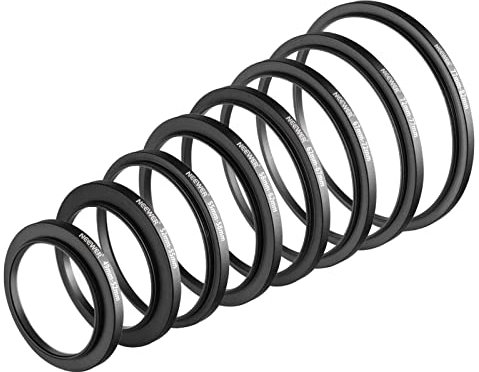 Neewer® 8 Pieces Step-up Adapter Ring Set Made of Premium Anodized Aluminum, includes: 49-52mm, 52-55mm, 55-58mm, 58-62mm, 62-67mm, 67-72mm, 72-77mm, 77-82mm-Black