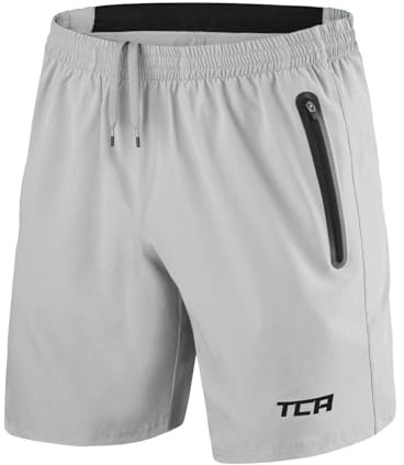 TCA Elite Tech Pantaloncini Palestra Uomo con Tasche Laterali - Pantaloncini Running Uomo - Pantaloni Corti Sportivi da Corsa e Allenamento - Abbigliamento Sportivo - Grigio Chiaro/Nero, XL