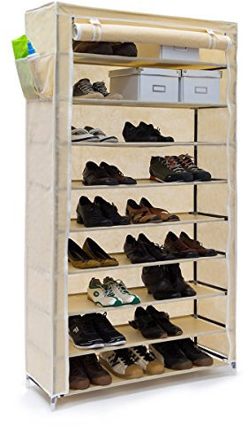 Relaxdays Schuhschrank VALENTIN hoch H x B x T: 161 x 88 x 30 cm Schuhregal mit Stoffbezug und 10 Ablagen Stoffschrank mit Reißverschluss für staubfreie Lagerung Schuhständer für 45 Paar Schuhe, beige