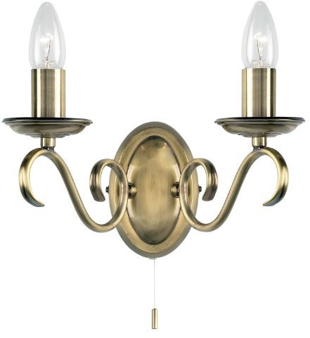 Endon Lighting 2030-2AN - Wall Light - 2 Candle Tubes, Candelabra, Pull Switch - Antique Brass