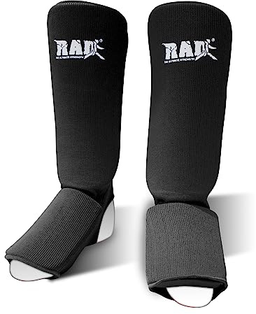 RAD Shin Guards for MMA, Muay Thai, Kickboxing, Karate & Taekwondo | Padded Shin Instep Guards for Martial Arts | Elastic Cloth Protective Gear for Leg Protection & Training (Pair) (Med, Black)