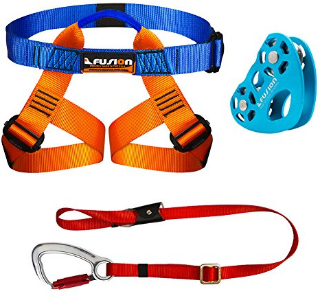 Fusion Zipline Harness Kit - Zip Line Kit with Harness/Lanyard/Trolley/Helmet Bundle, Kids Backyard Zip FK-K-HLT-01