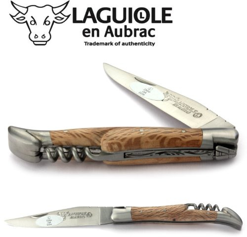 Laguiole en Aubrac Taschenmesser mit Korkenzieher L0311GOIS 11 cm, Griffschalen Grüne Eiche, Klinge 9 cm matt, Backen matt