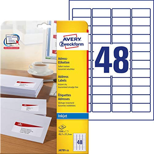 AVERY Zweckform J4791-25 Adressetiketten/Adressaufkleber (1.200 Etiketten, 45,7x21,2mm auf A4, bedruckbar, selbstklebend, für Absenderetiketten, Papier matt, Inkjet-Drucker) 25 Blatt, weiß