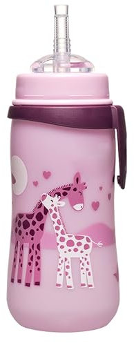 nip - Strohhalmbecher Straw Cup | Leichte, auslaufsichere Kindertrinkflasche mit Trinkhalm aus Silikon ab 12 Monaten. Einfach zu reinigen, 330 ml, Motiv Giraffe, rosa