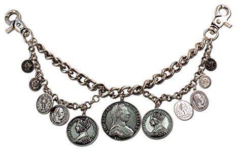 Gioiello da uomo per abiti tradizionali austriaci e bavaresi Charivari, con ciondoli fatti a moneta (effetto anticato), per pantaloni tradizionali in pelle, Oktoberfest