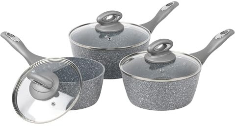 Salter BW02986GEU7 Marblestone 3 Piece Saucepan Set – 16cm, 18cm, 20cm Pans, Non-Stick, Tempered Glass Lids, PFOA-Free, Corrosion Resistant Forged Aluminium, Suitable for All Hobs, Dishwasher Safe