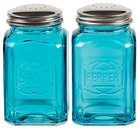 RSVP International Jumbo Retro Glass Salt & Pepper Shaker, Screw On Stainless Steel Lid, Each Shaker Holds 8 Ounces, Turquoise, 2.25x2.25x4.3, 2 Piece