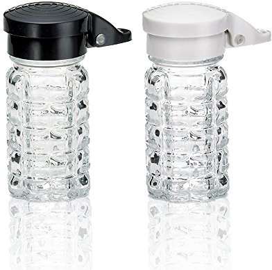 Shake-It-Free Shakers - Moisture Proof Salt & Pepper Shakers, Tumbler Home Exclusive-Black & White Lids Spring Loaded, No Clog, 1.5 Oz, Set of 2 by Tumbler Home