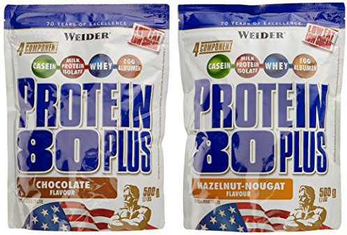 WEIDER Protein 80 Plus Eiweißpulver, 2 Pack Mixed, Schoko/Haselnuss-Nougat, Low-Carb, Mehrkomponenten Casein Whey Mix für Proteinshakes, 2x500g
