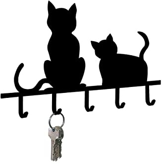 Maximex Schlüsselboard dekoratives Schlüsselbrett Katzenmotiv 5 Haken zur griffbereiten Schlüsselaufbewahrung geeignet für Haustürschlüssel aus schwarzlackiertem Metall 20 x 2 x 15 cm Schwarz
