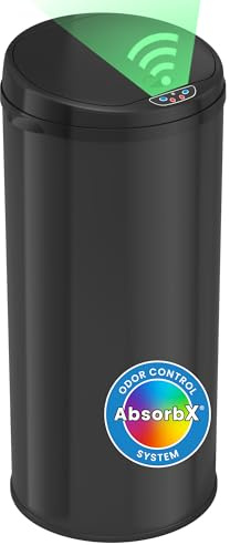 iTouchless 50 Liter / 13 Gallon Sensor Kitchen Trash Can with Odor Filter – Slim Round Black Stainless Steel Automatic Garbage Recycling Bin for Home, Office, Business, Garage