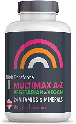 Multivitamins Nutritional Supplements for Women and Men, 365 Tablets, 1 Year Supply, 24 Active Vitamins and Minerals inc Vitamin D, C, B, Iron, Magnesium, Zinc, Vegan Vegetarian, UK Made by Transforme