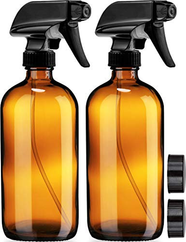 Empty Amber Glass Spray Bottles with Labels (2 Pack) - 500ml Refillable Container for Essential Oils, Cleaning Products, or Aromatherapy - Black Trigger Sprayer w/Mist and Stream Settings