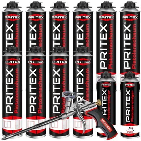Pistolenschaum Set 10 x 750ml PU Schaum inkl. Schaumpistole + 2 Pistolenreiniger 500ml Bauschaum Montageschaum