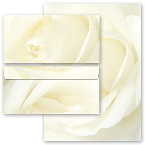 Motivo-set di cancelleria Motivo Fiori Fiori & Petali, Amore & Matrimonio, ROSA BIANCA 50 fogli di carta da lettera e 50 buste DIN LANG (senza finestra) | Paper-Media