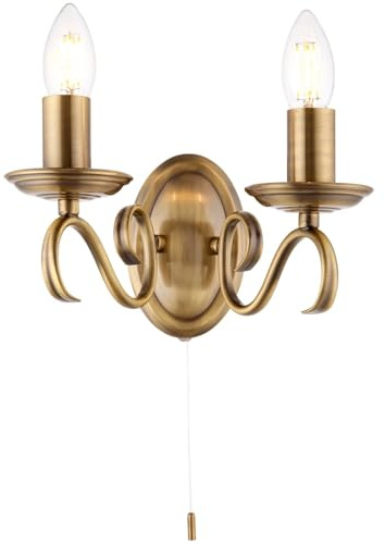 Endon Bernice Classic Antique Brass Twin E14 Candle Dimmable Pull Cord Switch Wall Light