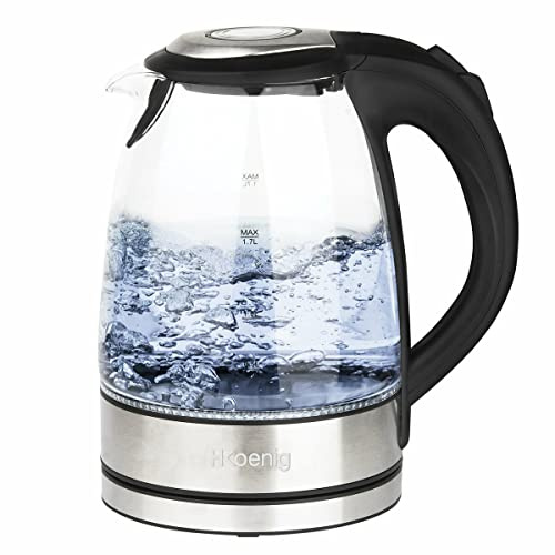 H.Koenig Bollitore elettrico BO28 1,7L in vetro graduato trasparente ad altissima resistenza. Compatto, pratico, Livello dell'acqua visibile LED blu. Bollitura rapida, 2200W