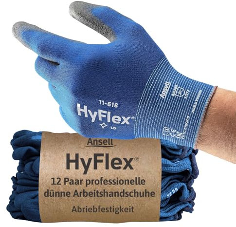 Ansell HyFlex 11-618 Mechaniker- Nylon Handschuhe, Abriebfeste Schutzhandschuhe mit PU-Beschichtung, Sicherheitshandschuhe für Präzisionsarbeiten, Touchscreen-Arbeitshandschuhe, 12 Paar, Gr. L