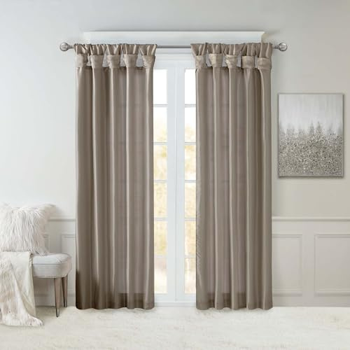 Madison Park Emilia Faux Silk Single Curtain with Privacy Lining, DIY Twist Tab Top, Room Darkening Window Drape for Living Room, Bedroom and Dorm, 95L x 50W, Pewter Brown