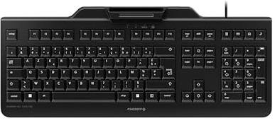 Cherry KC 1000 SC, Teclado de Seguridad con Cable y Lector de Tarjetas Integrado, Distribución Belga (AZERTY), Plug & Play (USB-A), Diseño Plano, Negro