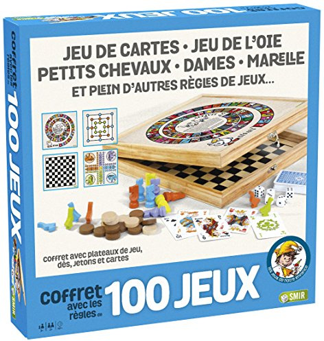 France Cartes- Coffret 100 Bois-Les Grands Classiques Famille, Enfants Dames, Petits Chevaux, l'Oie, Marelle, dés et Jeu de Cartes,de 3 à 8 joueurs, 527600, Gris