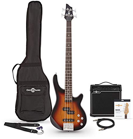 Chicago Bass Guitar Sunburst, 15W Bass Amp & Accessory Pack | For modern bassists, versatile single/split-coil tones, lightweight ergonomic body, 15W amp bundle