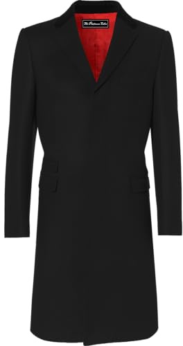 The Platinum Tailor New Mens Wool Covert Overcoat Warm Winter Mod Cromby Coat with Velvet Collar & Red Satin Lining, Black, 48