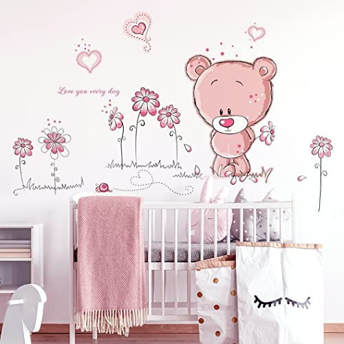 WandSticker4U®- Wandsticker BABY BÄR I Wandbild: 100x60 cm I Wandtattoo Babyzimmer Mädchen Wald-Tiere Blumen Sweet Dreams I Wand Aufkleber Deko Kinder-zimmer Junge