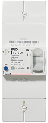 LEGRAND | Disjoncteur Différentiel Baco 2P 15/45A 500mA, Protection Contre Les Surcharges Et Courts-Circuits, Réglage De Calibre 15A À 45A, Protection Contre Les Contacts Indirects.