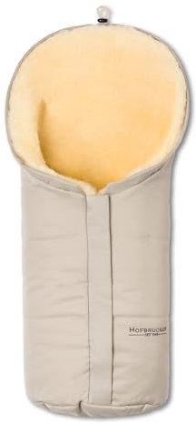 Hofbrucker Lammfell-Fußsack Eskimo für Babyschale, Kinderwagen, Buggy. Ab Geburt verwendbar. Kapuze in Mumienform schützt gut gegen Wind. In Deutschland hergestellt. Echtes Lammfell in Öko-Tex Qualität. Farbe: Beige