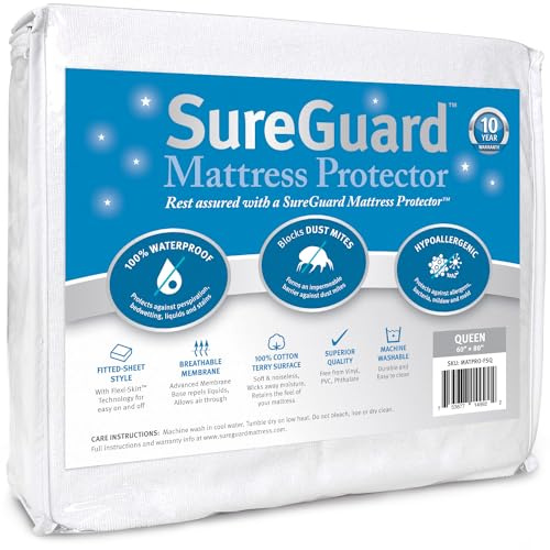 SureGuard- Protector de colchón – 100% Resistente al Agua, hipoalergénico – Funda Premium Ajustable de algodón de Tejido de Rizo.
