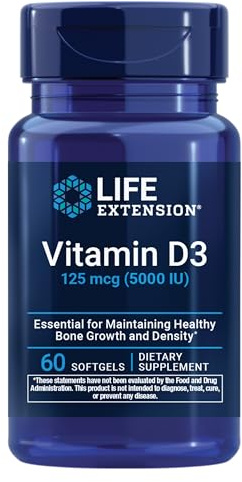 Life Extension Vitamin D3 125 mcg (5000 IU), Bone Health, Brain Performance, Immune System Support, Gluten-Free, Non-GMO, Once Daily, Two-Month Supply, 60 Softgels